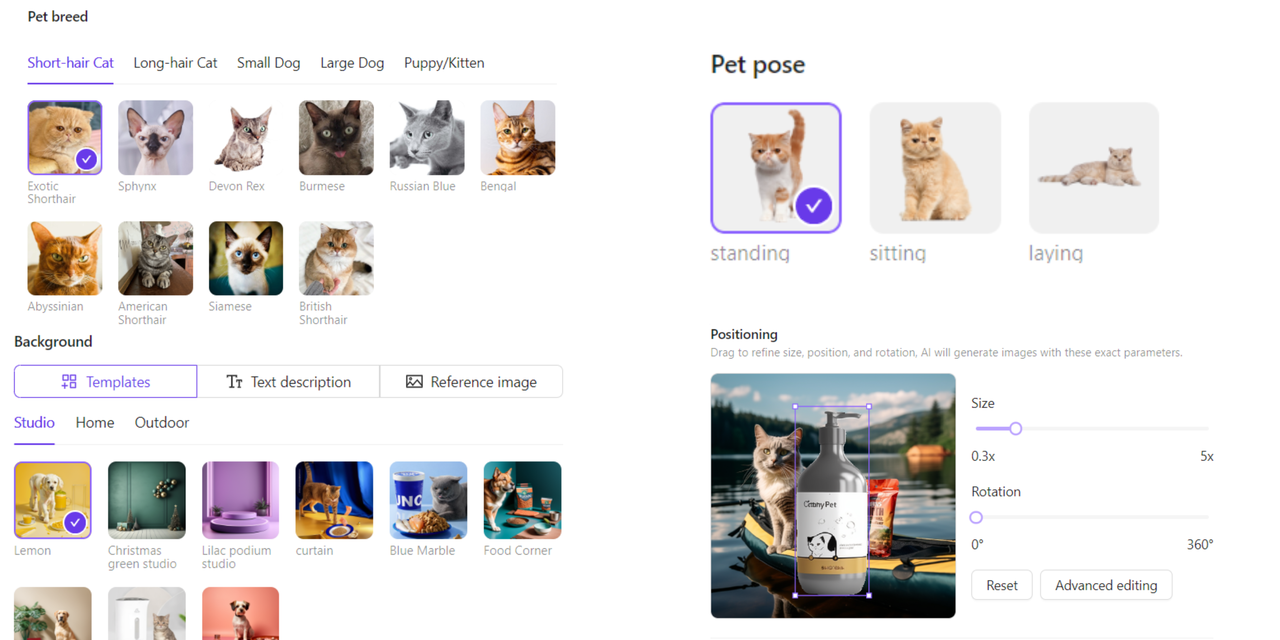 pet breeds, bacgrounds and pet poses available in work magic for pet product image generation